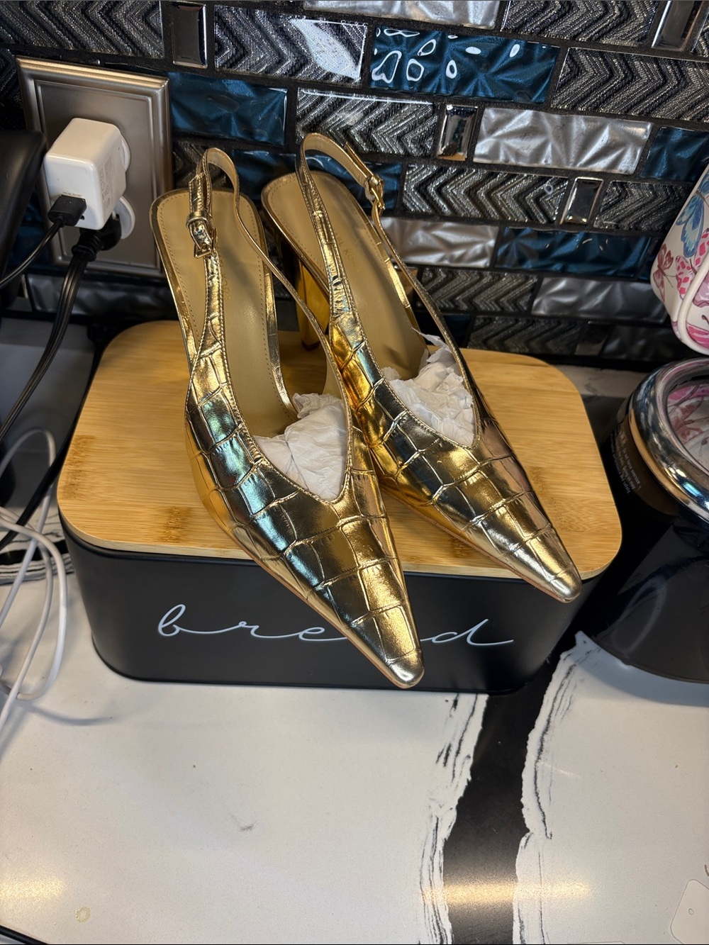 Michael Kors Gold Croc-Embossed Slingback Pumps
